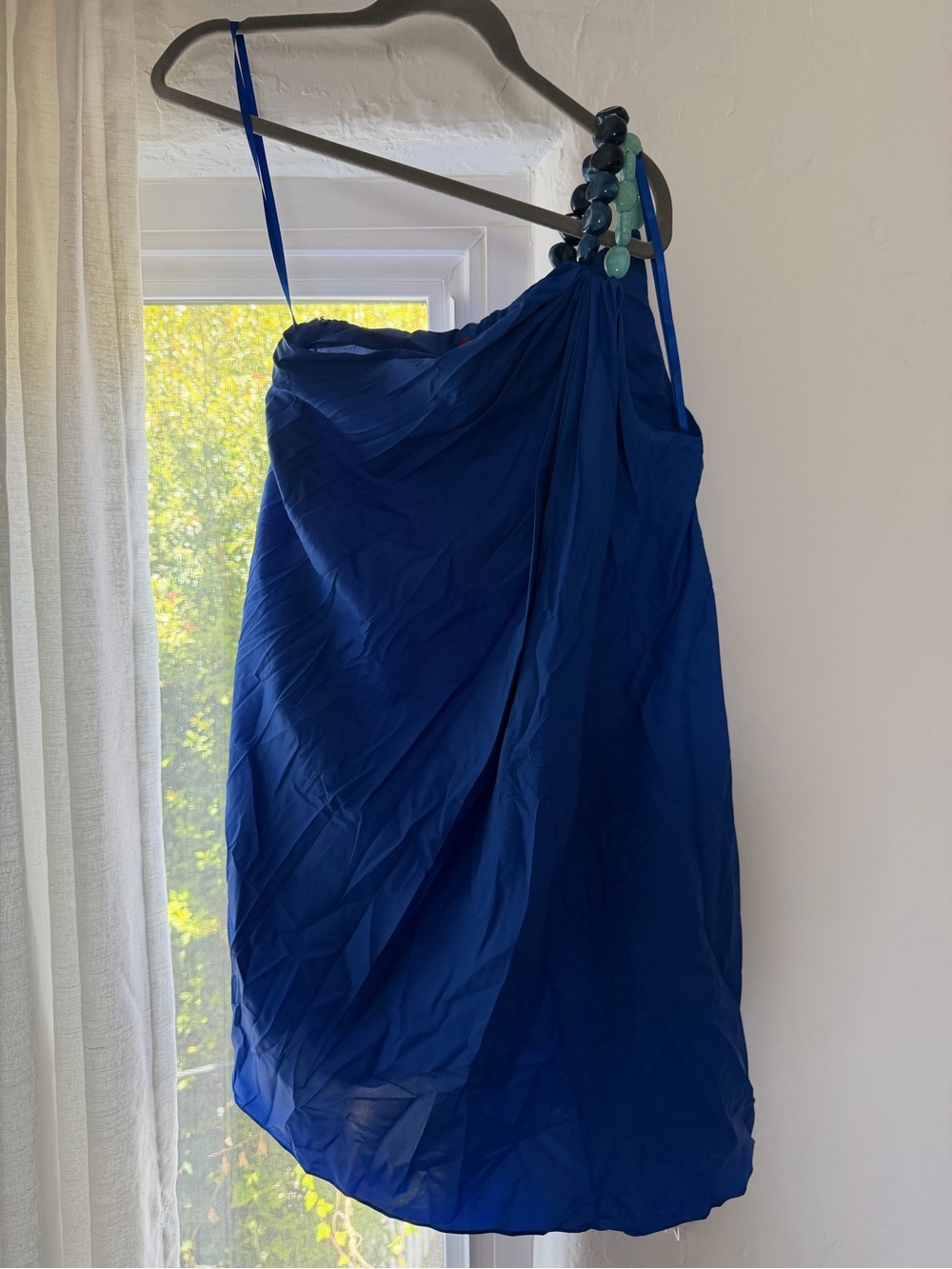 STAUD Cobalt Blue Beaded One Shoulder Mini Dress